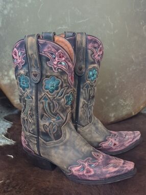 DAN POST #DP3459 "Vintage Blue Arrow" distressed snip toe cowgirl boots sz 7.5